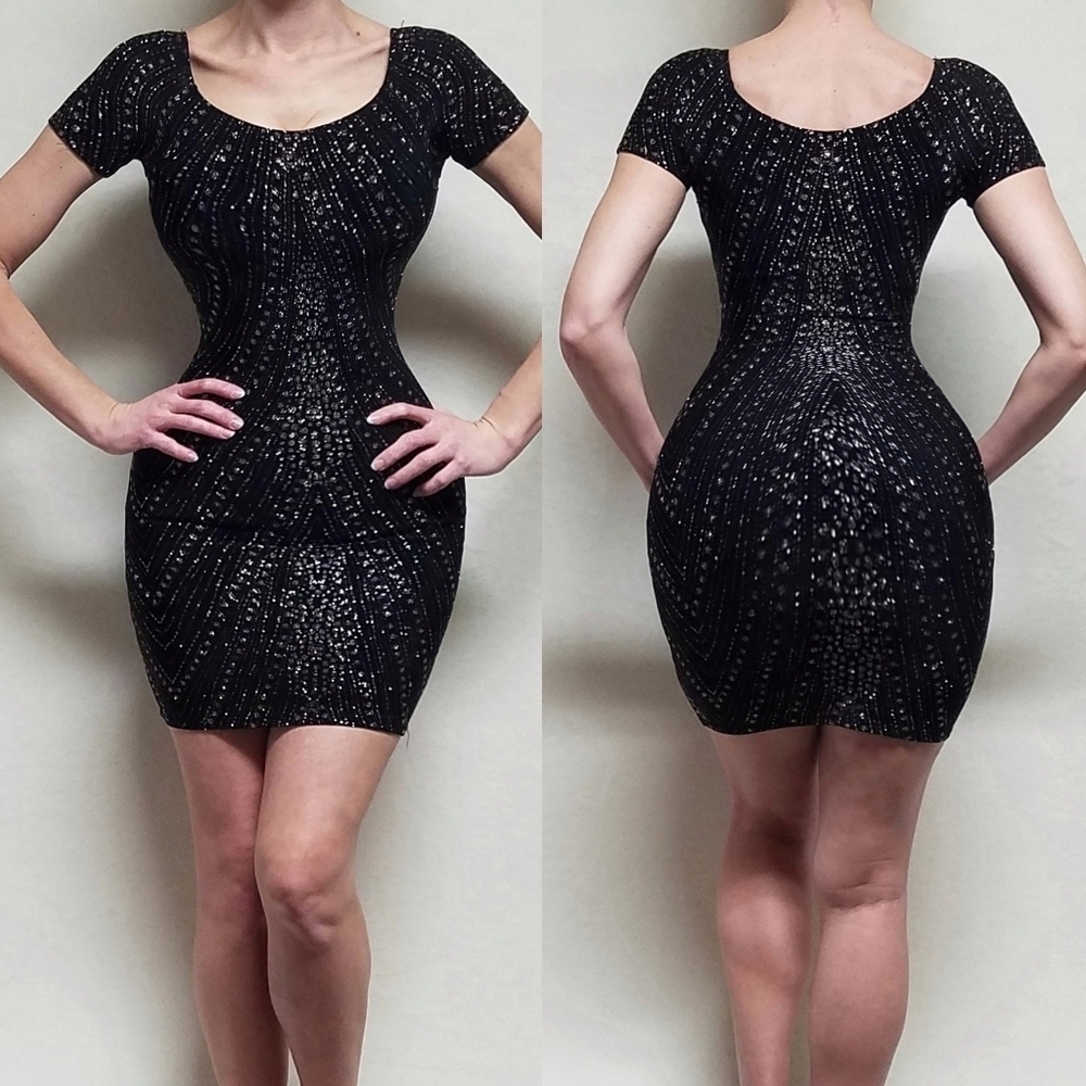 90s Vintage Jump Apparel Black Gold Glitter Bomb Wide Neck Cap Sleeve Mini Dress